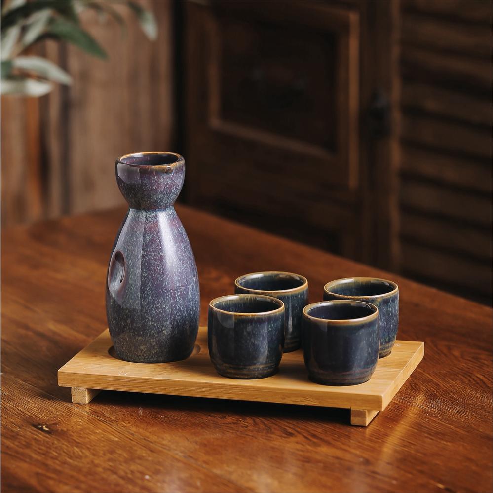 Ceramic Sake Set (1 Serving Carafe & 4 Cups) - Style 02