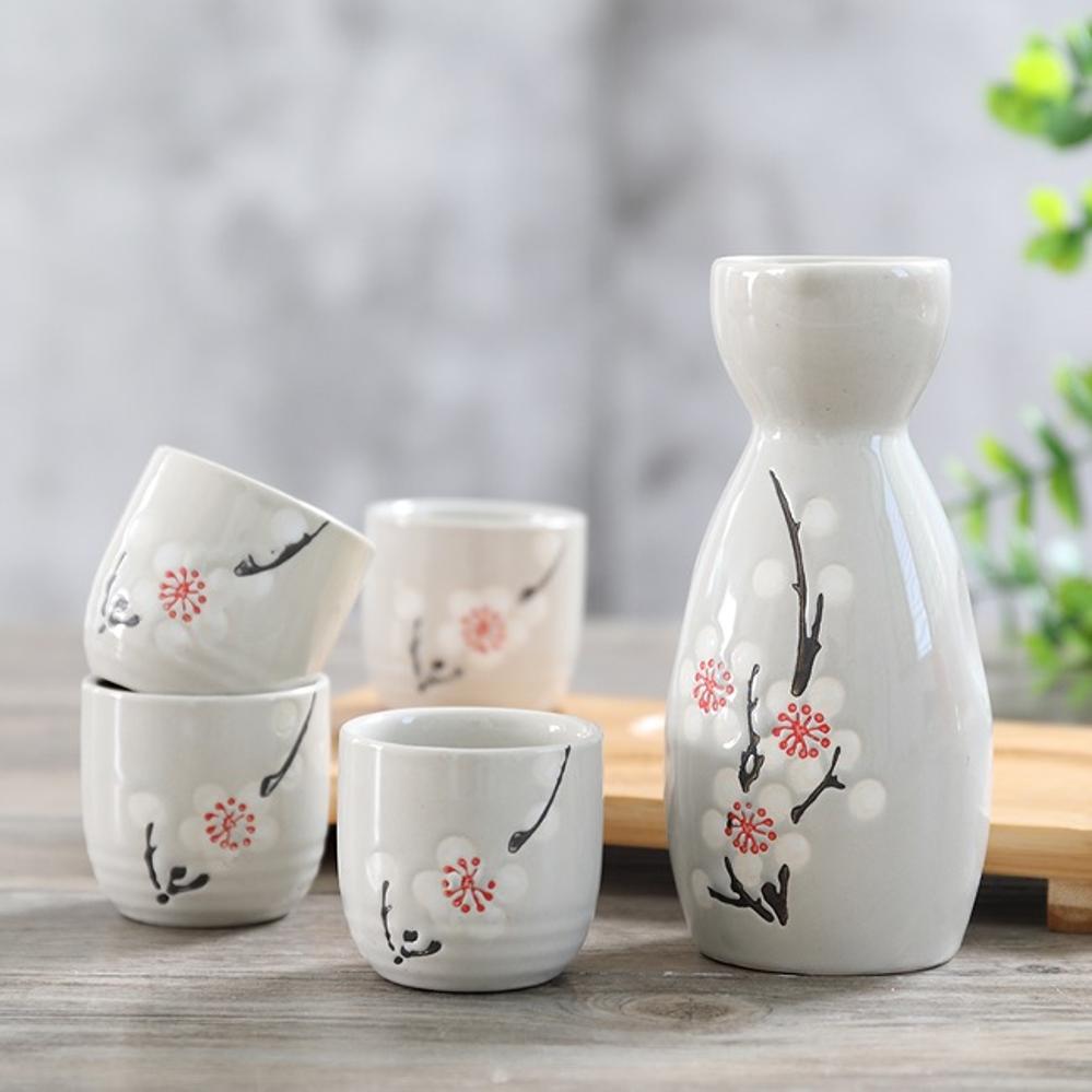 Ceramic Sake Set (1 Serving Carafe & 4 Cups) - Style 09