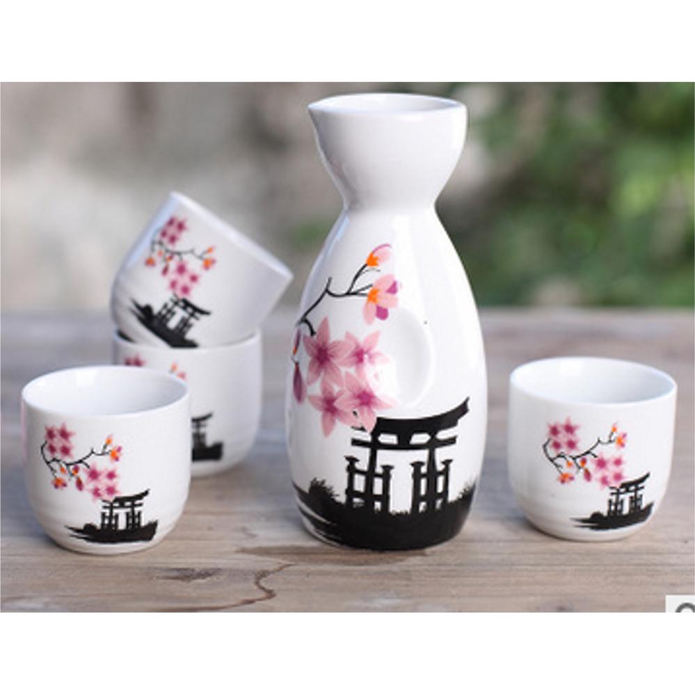 Ceramic Sake Set (1 Serving Carafe & 4 Cups) - Style 12
