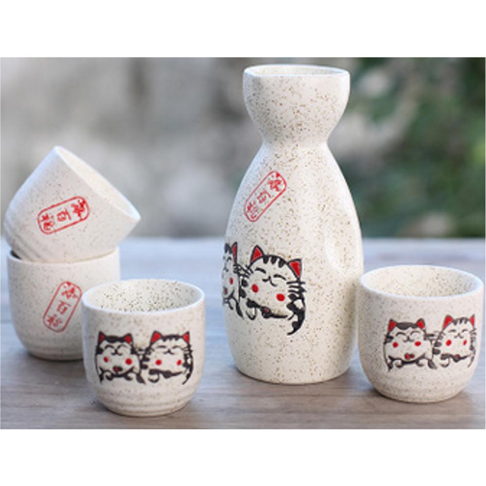 Ceramic Sake Set (1 Serving Carafe & 4 Cups) - Style 14