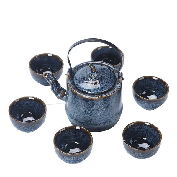 Porcelain Teapot Set - 1 Pot & 6 Cups, Dragon & Phoenix Design, 10oz Pot, Blue & White Ceramic