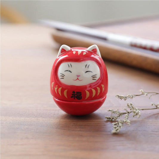 Ceramic Daruma Doll Cat Ornament 4.6cm - Style 02