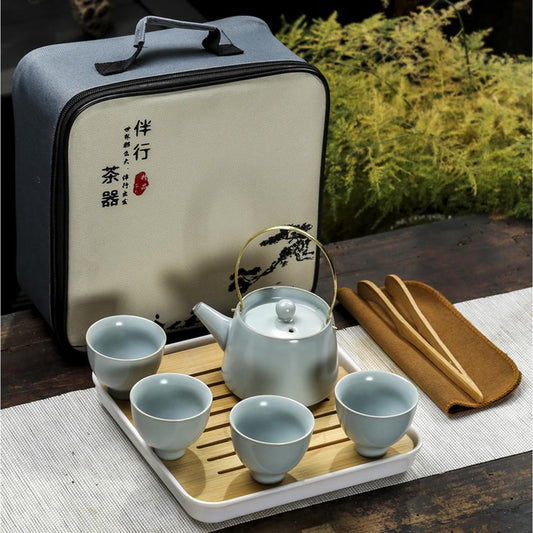 Retro Porcelain Tea Set with Travel Pack (1 Teapot, 4 Cups, Accessories) - Style 02