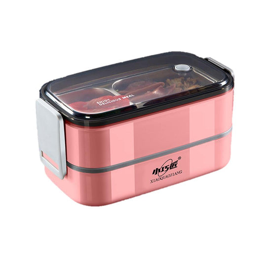 Two-Tier Bento Lunch Box with Stainless Steel Compartment (Pink)