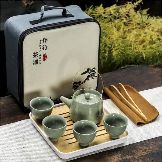 Retro Porcelain Tea Set with Travel Pack (1 Teapot, 4 Cups, Accessories) - Style 01