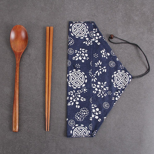 Wooden Dining Set (Chopsticks & Spoon & Textile Bag) - Style 02