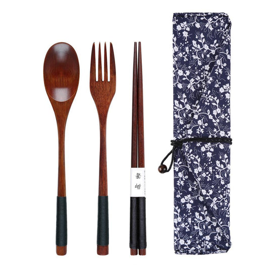 Wooden Dining Set (Chopsticks & Spoon & Fork & Textile Bag)